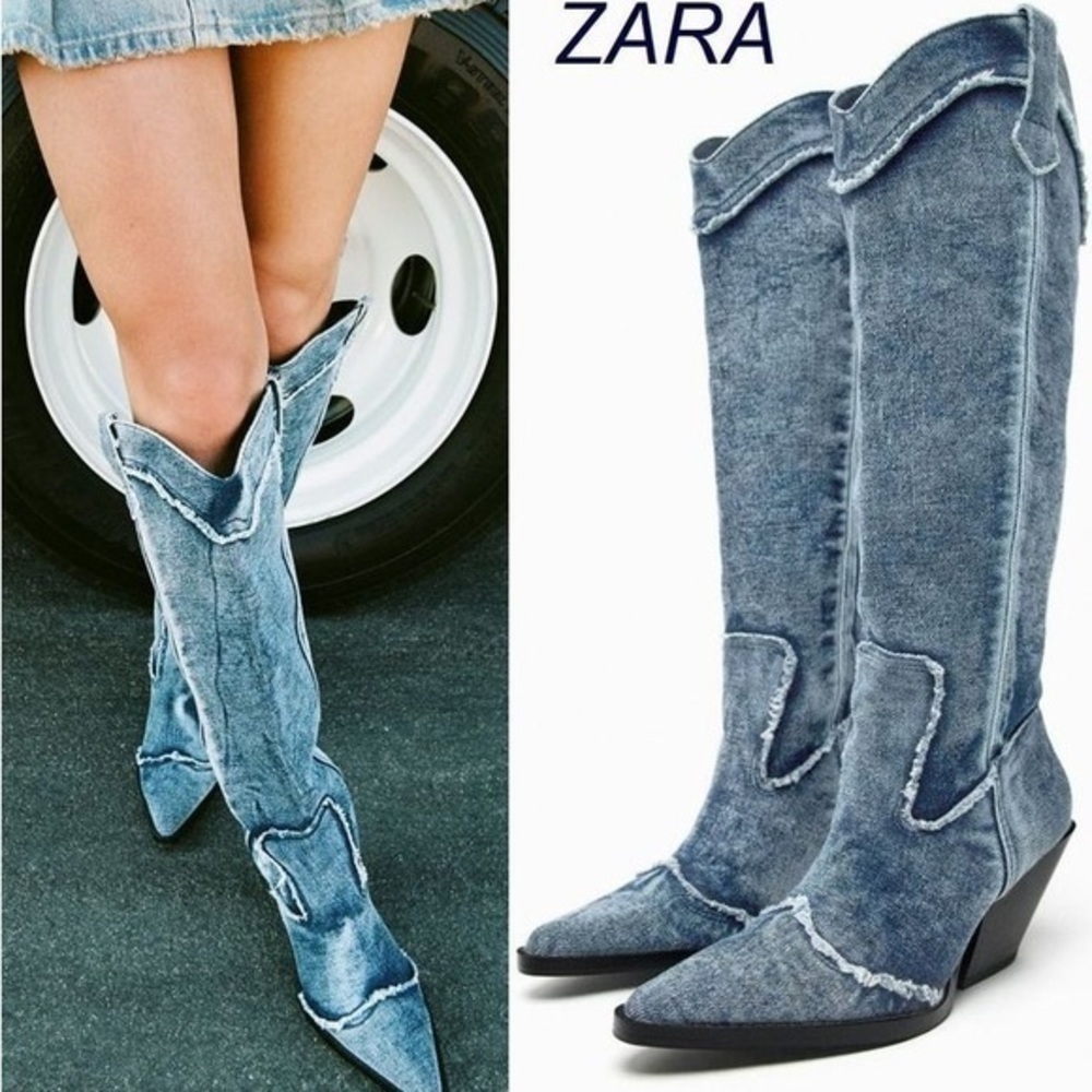 ZARA Denim Cowboy Boots 3051/210 - Picture 5 of 16